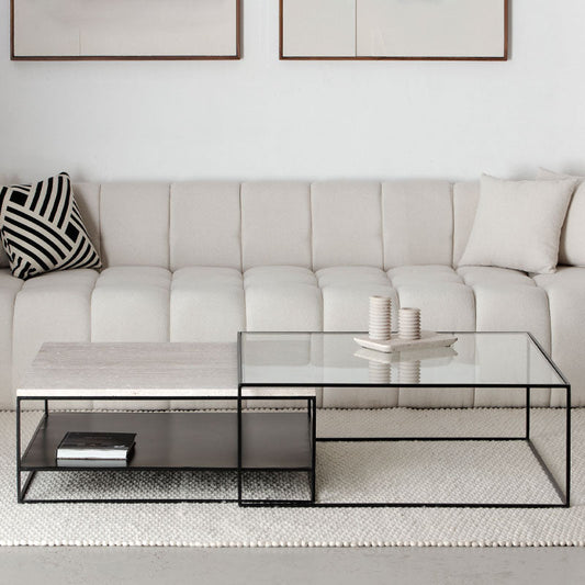 Duo de tables basses CÉLESTO | Tables basses design en travertin et verre | Ryo Design