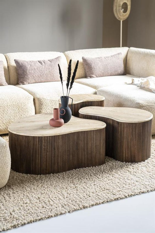 Trio de tables basses en travertin et noyer | Ryo Design